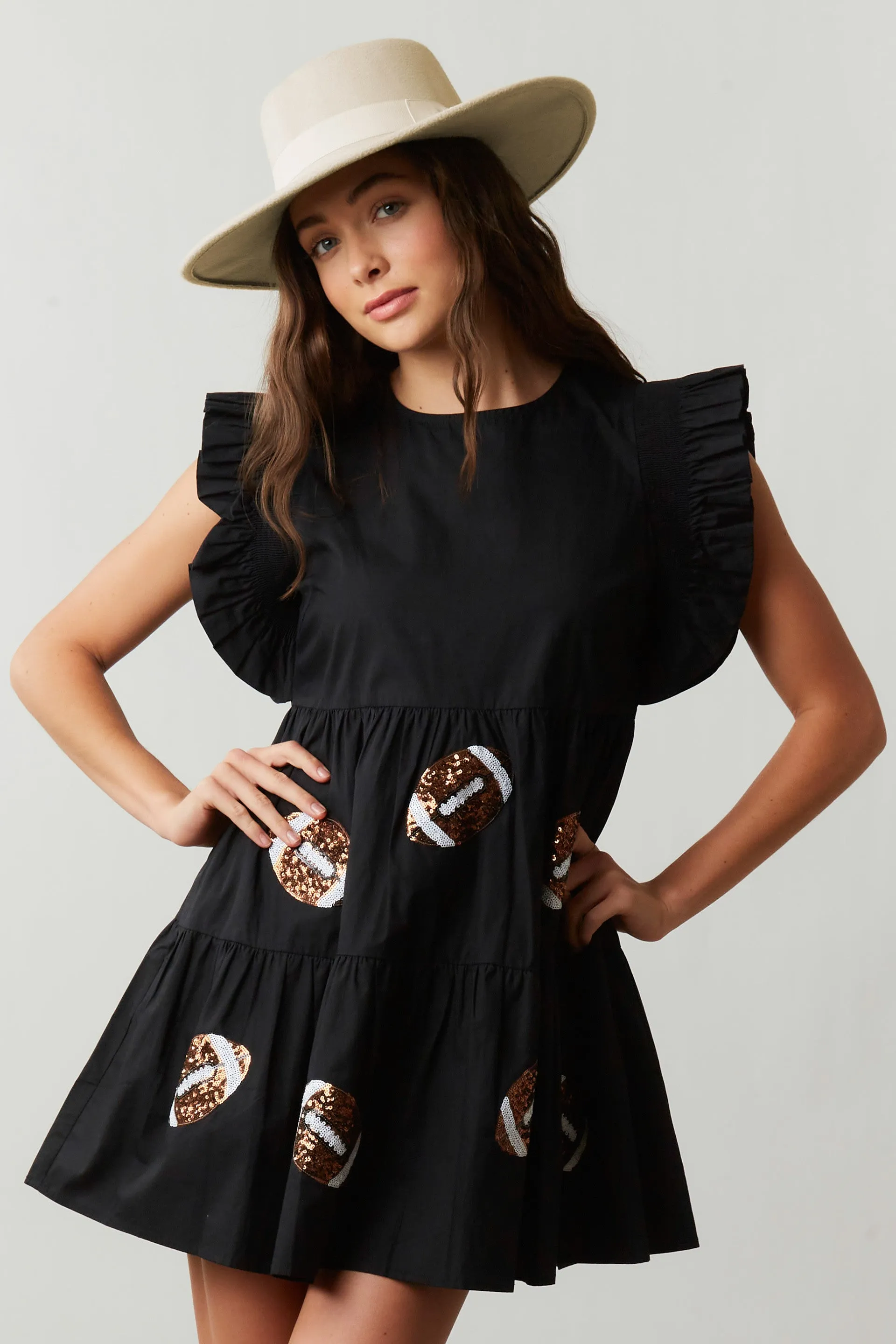Flutter Sleeve Babydoll Sequin Football Dress