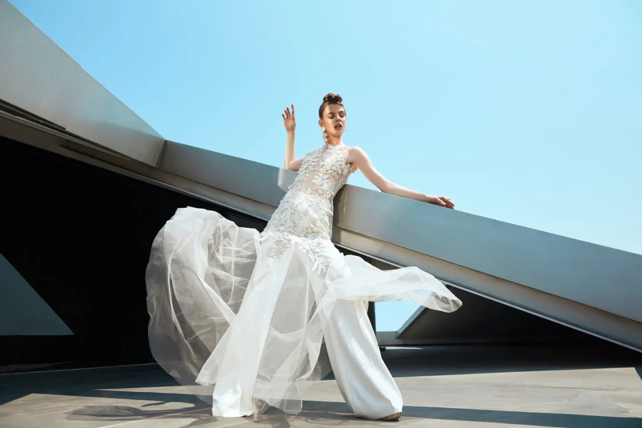 Full Length Net Dress With Flared Pants