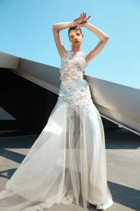 Full Length Net Dress With Flared Pants