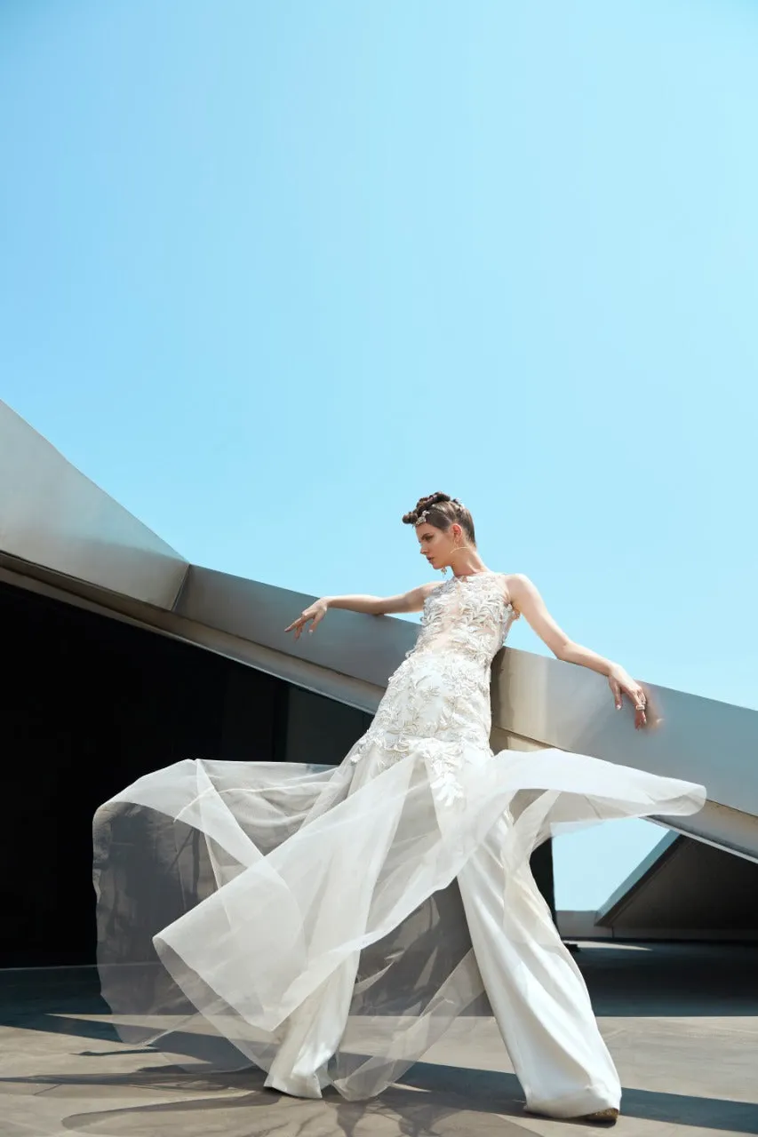 Full Length Net Dress With Flared Pants