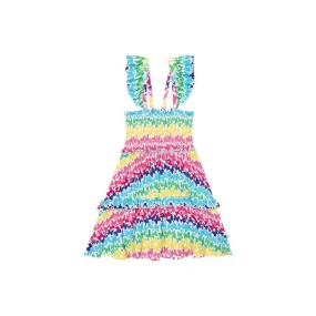 Girl's Bamboo Smocked Flutter Sleeve Babydoll Dress - Rainbow Butterfly