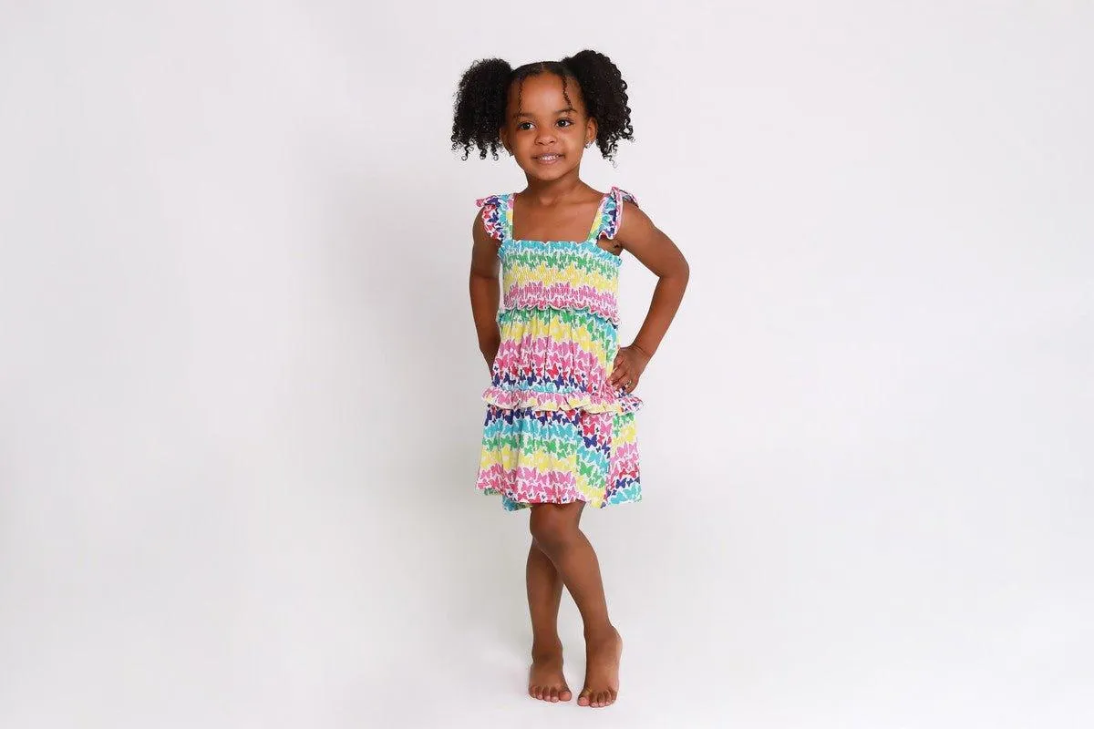 Girl's Bamboo Smocked Flutter Sleeve Babydoll Dress - Rainbow Butterfly