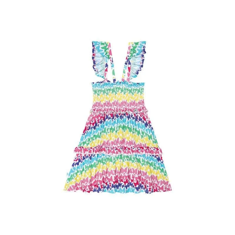 Girl's Bamboo Smocked Flutter Sleeve Babydoll Dress - Rainbow Butterfly