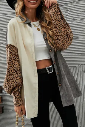 Gray Color Block Leopard Patched Corduroy Shacket