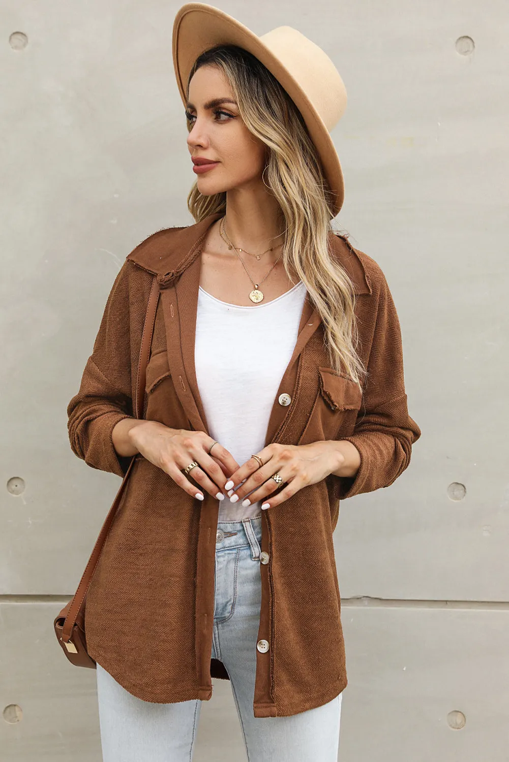 Grey Contrast Flap Pockets Relaxed Shacket