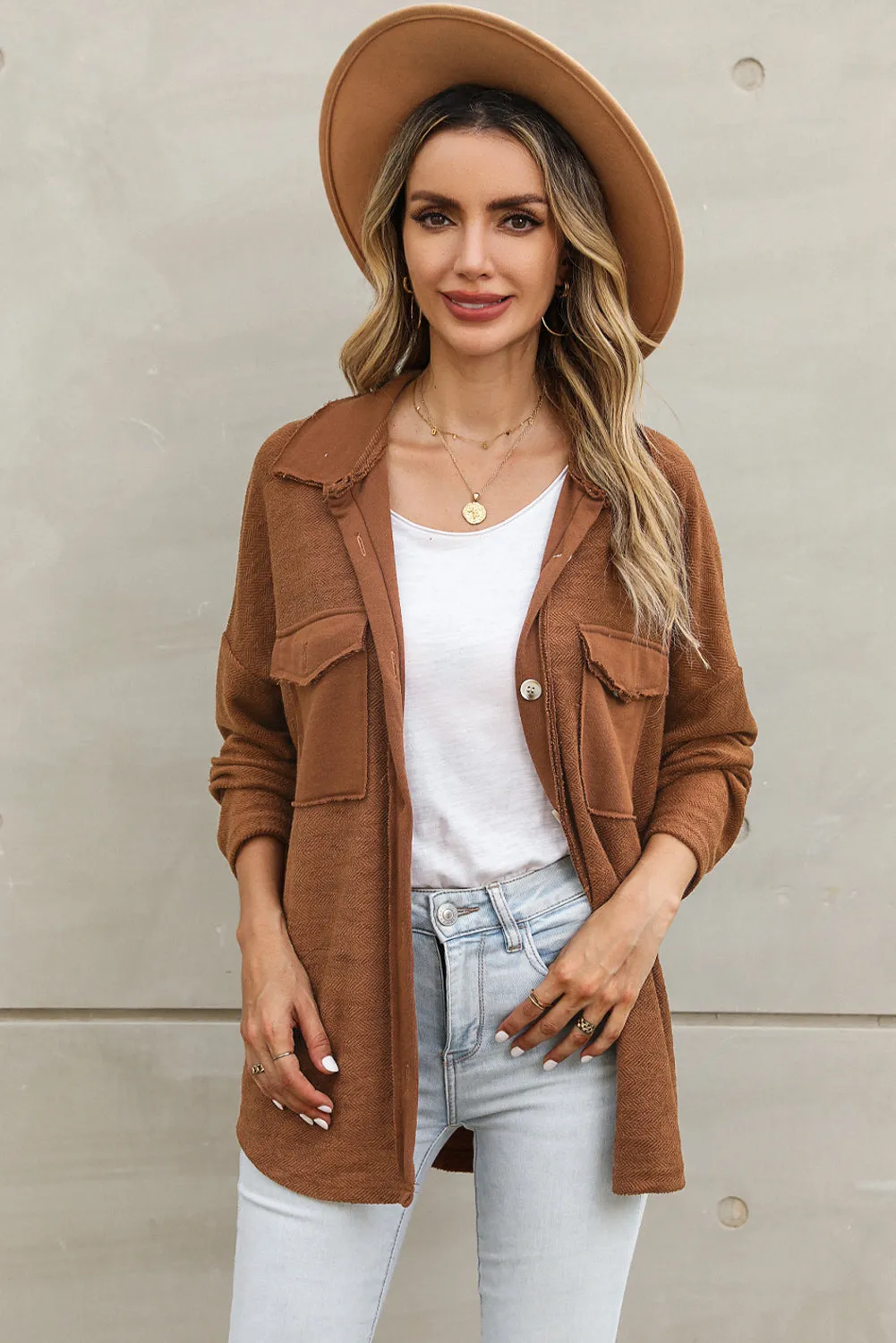 Grey Contrast Flap Pockets Relaxed Shacket