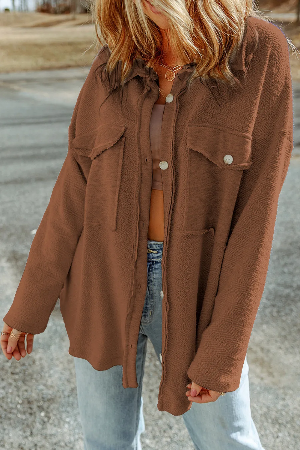 Grey Contrast Flap Pockets Relaxed Shacket
