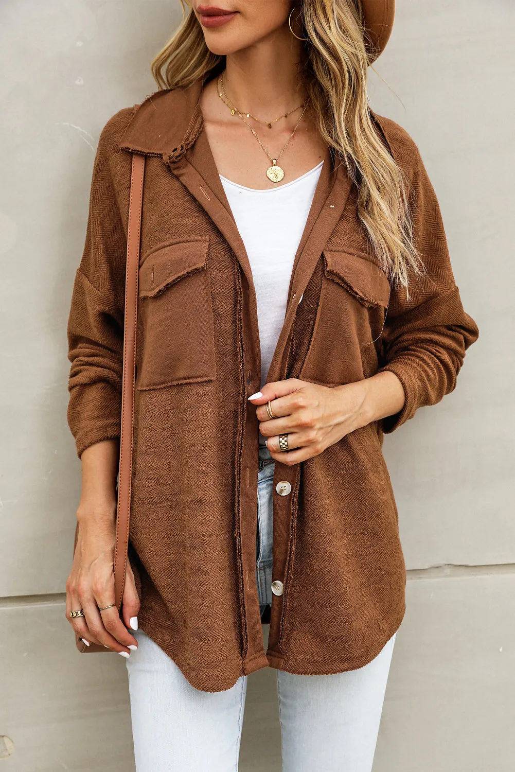 Grey Contrast Flap Pockets Relaxed Shacket