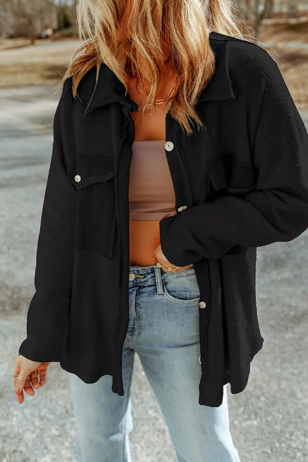 Grey Contrast Flap Pockets Relaxed Shacket