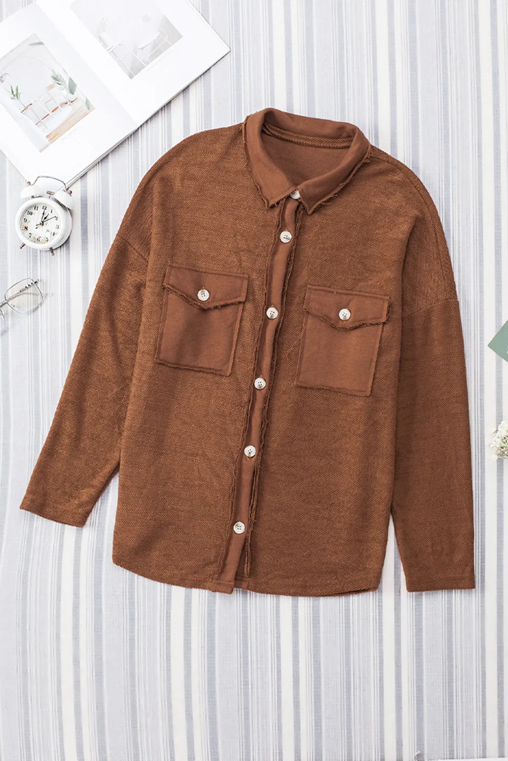 Grey Contrast Flap Pockets Relaxed Shacket