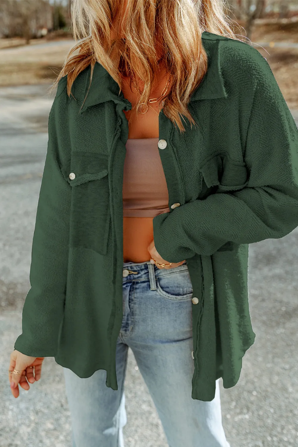 Grey Contrast Flap Pockets Relaxed Shacket