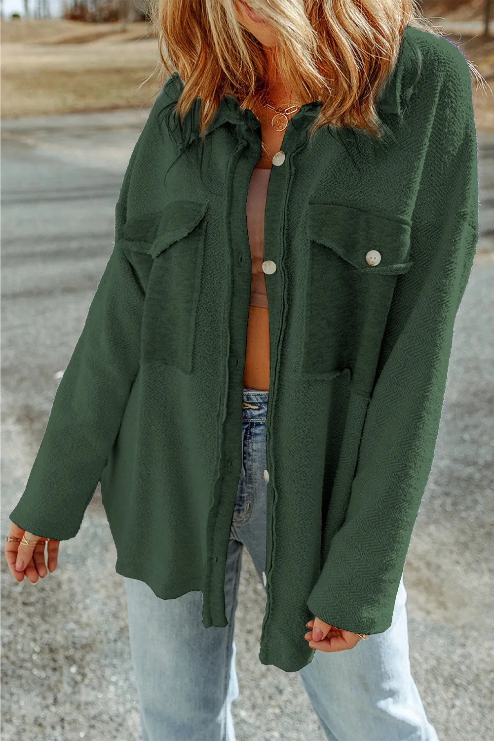 Grey Contrast Flap Pockets Relaxed Shacket