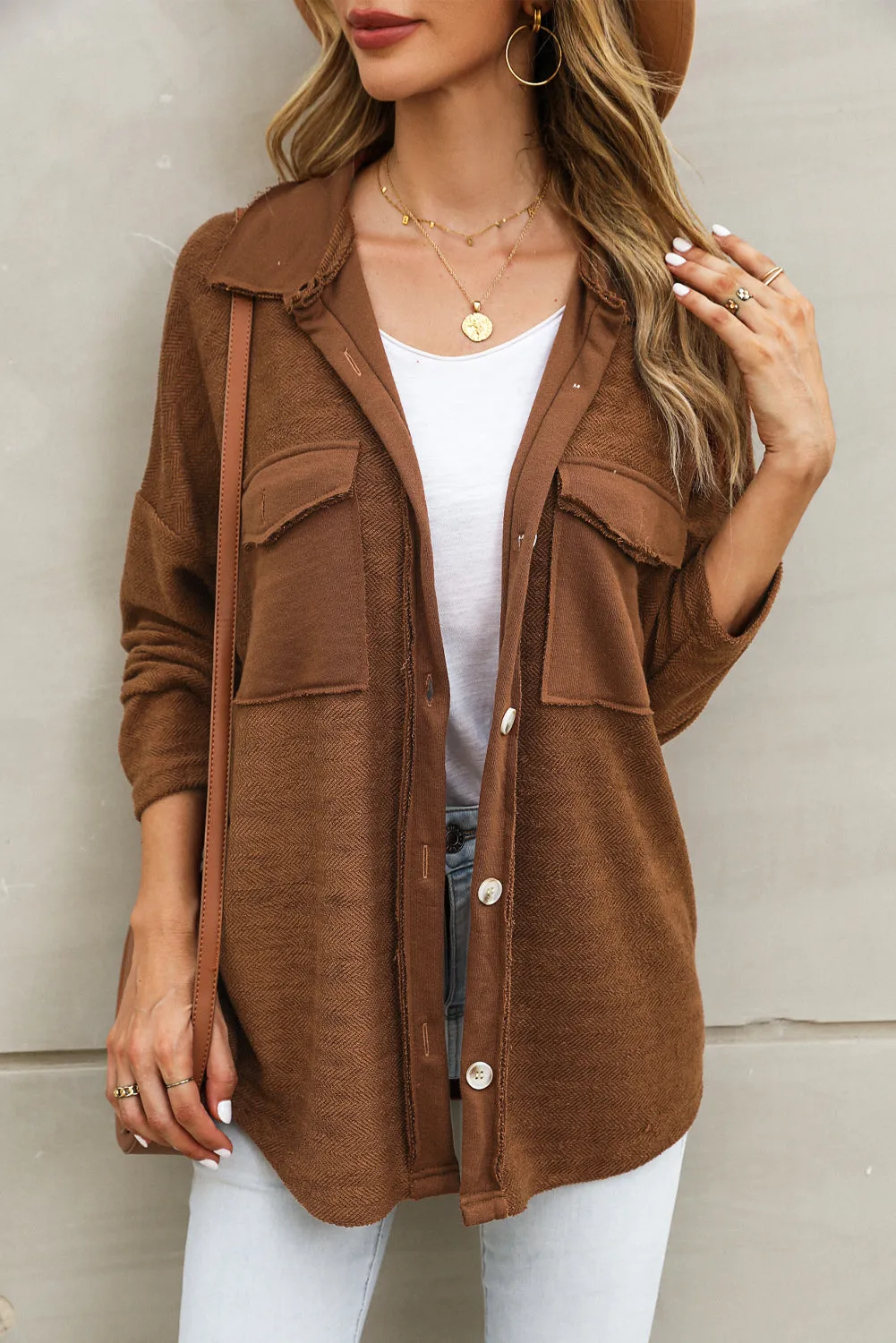 Grey Contrast Flap Pockets Relaxed Shacket