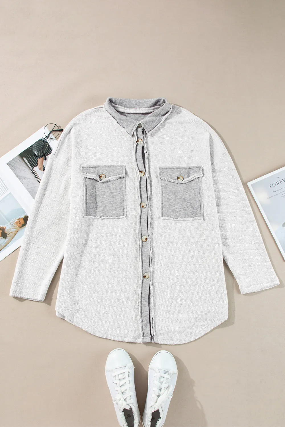 Grey Contrast Flap Pockets Relaxed Shacket