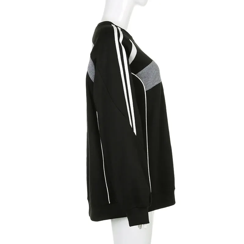 Harajuku Oversized Autumn Sweatshirt Women Stripe Spliced Casual Sporty Pullover Stitching Crew Neck Korean Hoodies