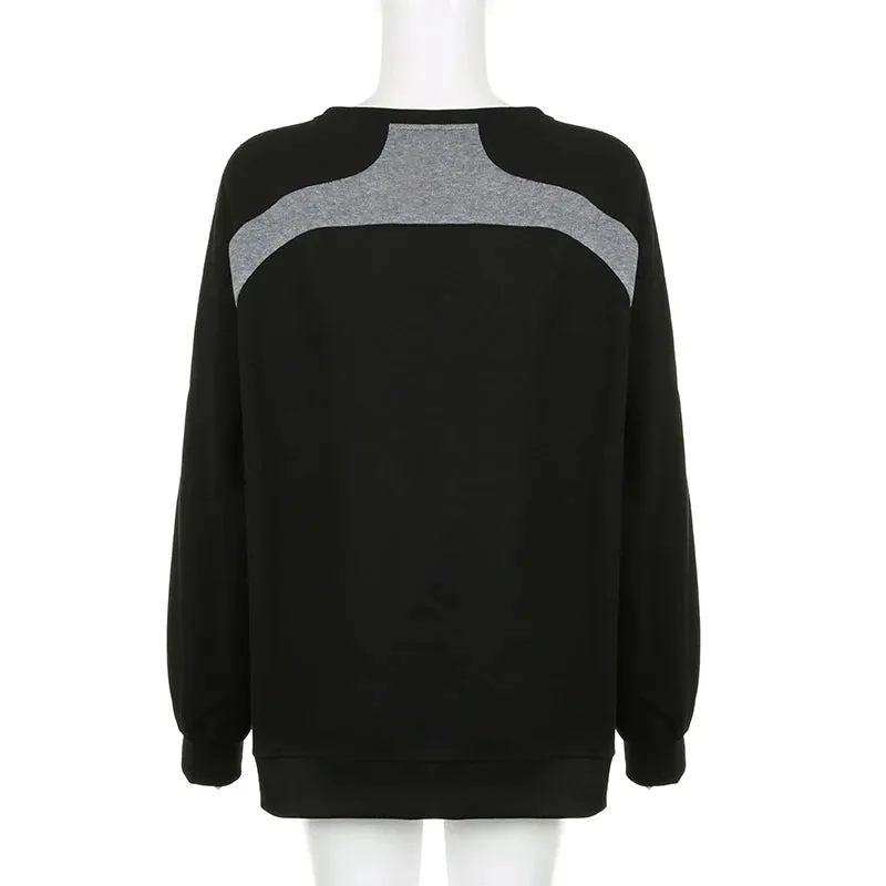 Harajuku Oversized Autumn Sweatshirt Women Stripe Spliced Casual Sporty Pullover Stitching Crew Neck Korean Hoodies