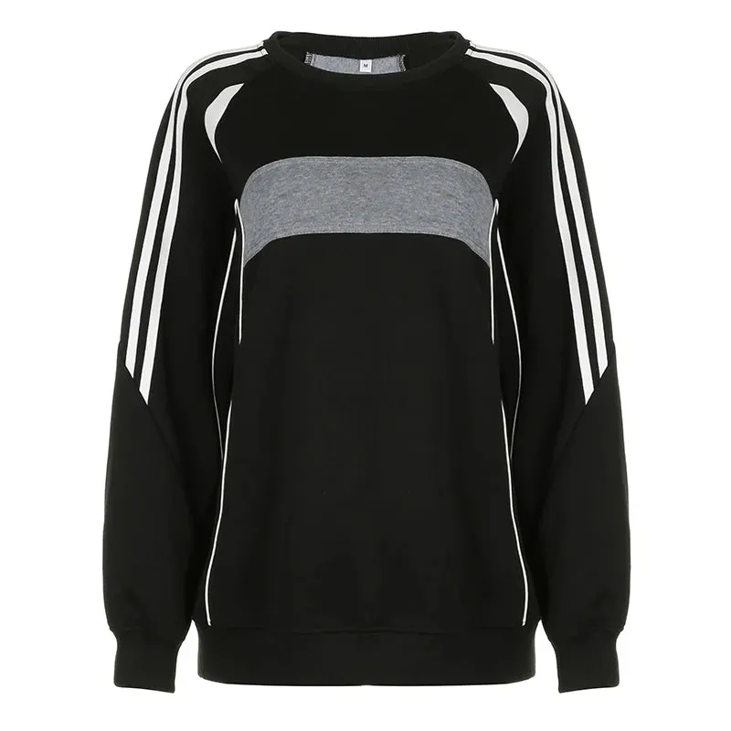 Harajuku Oversized Autumn Sweatshirt Women Stripe Spliced Casual Sporty Pullover Stitching Crew Neck Korean Hoodies