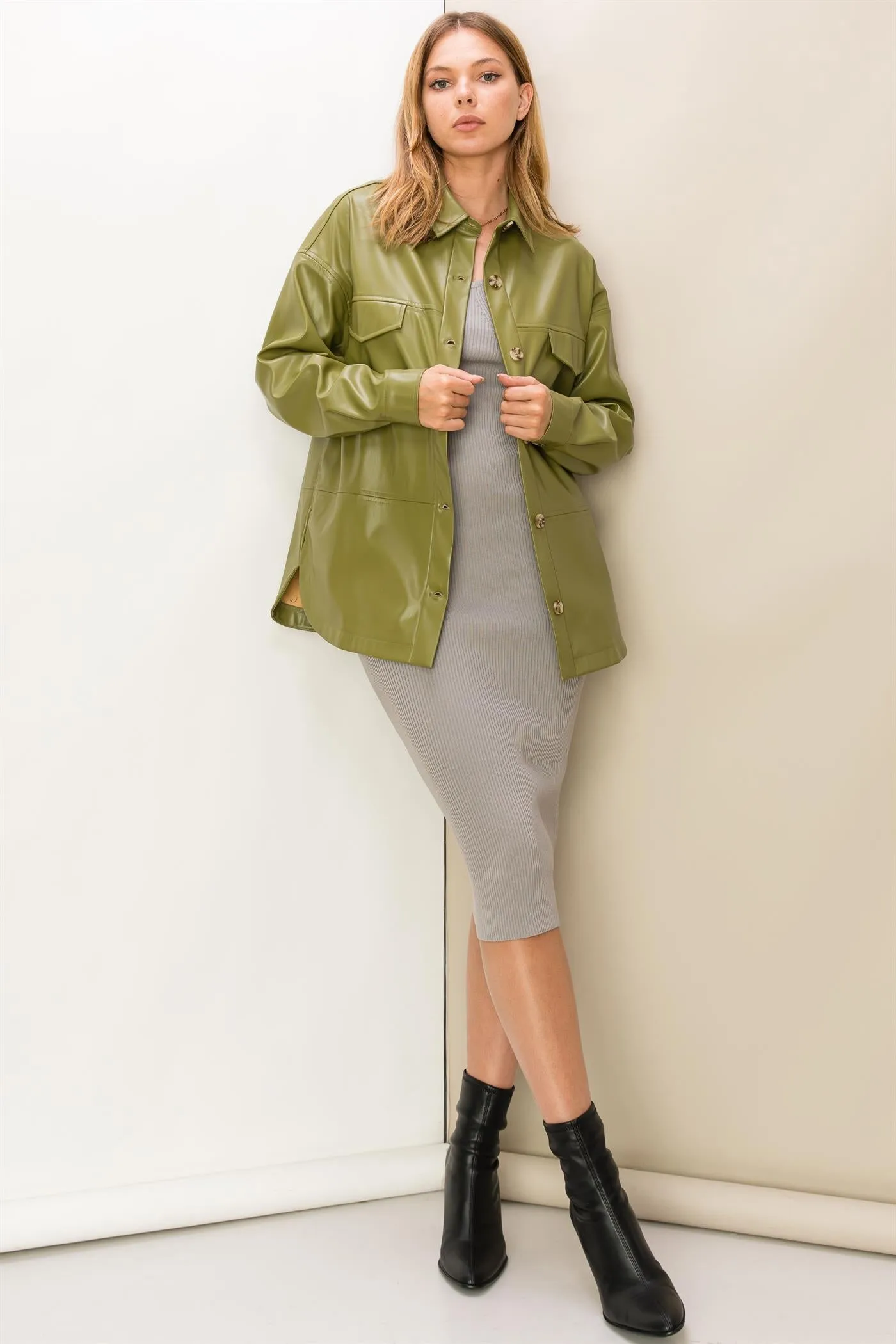 HF23F486-FLAP DETAIL PU SHACKET