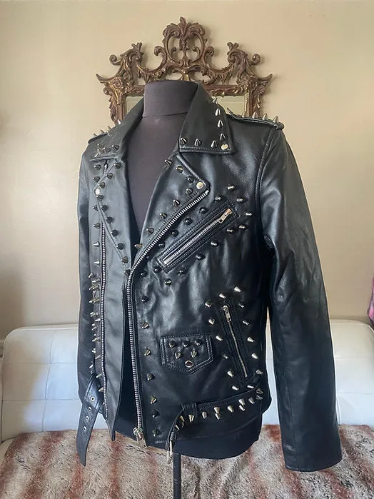 High Quality Mens Lambskin Leather Motorcycle Jacket w Black Studs, L