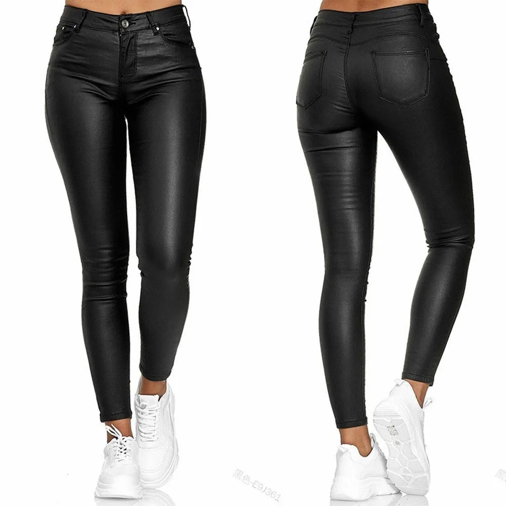 High Waist Solid Leather Casual Pants: Stylish and Comfortable Women's Fashion