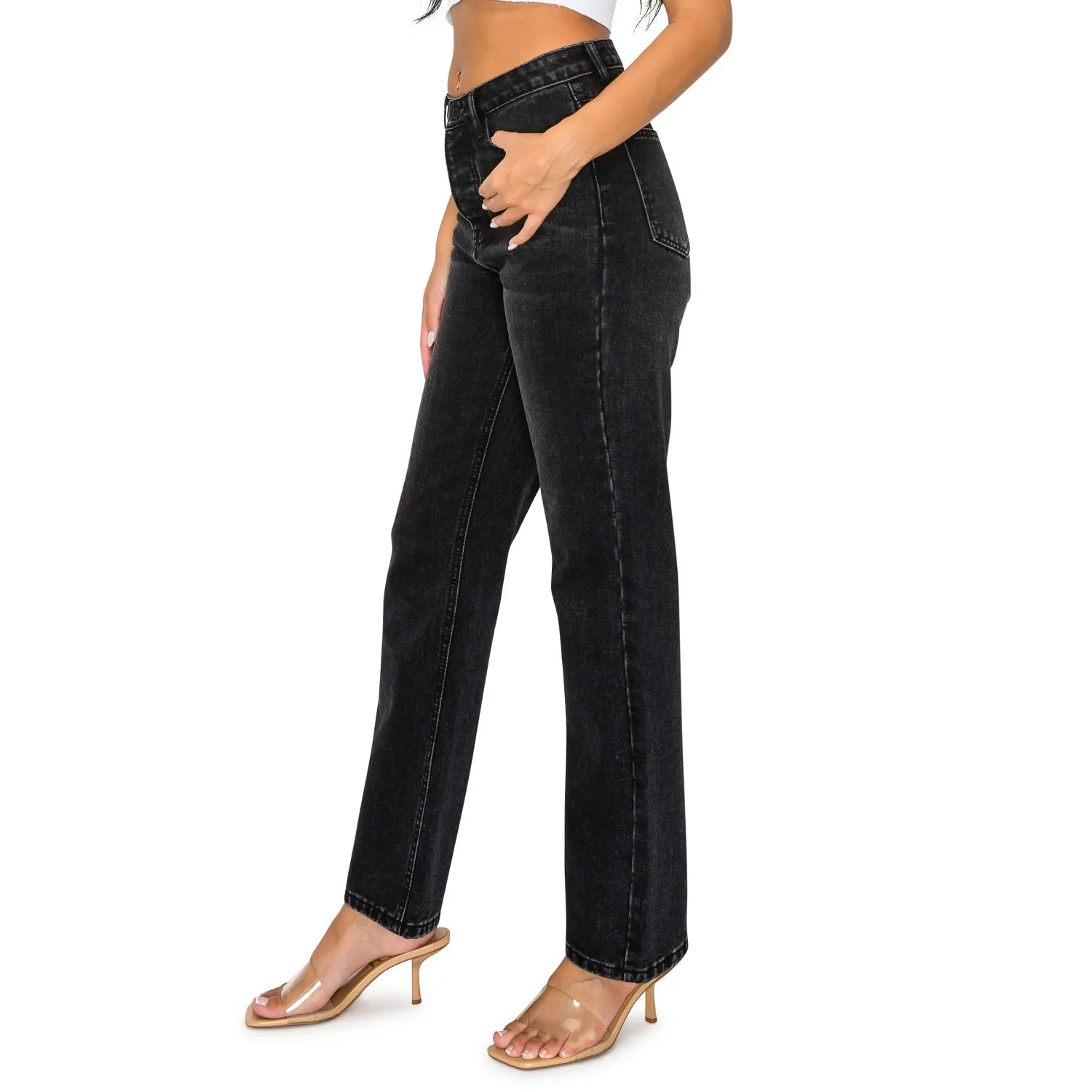High Waisted Straight Leg Jeans - Black