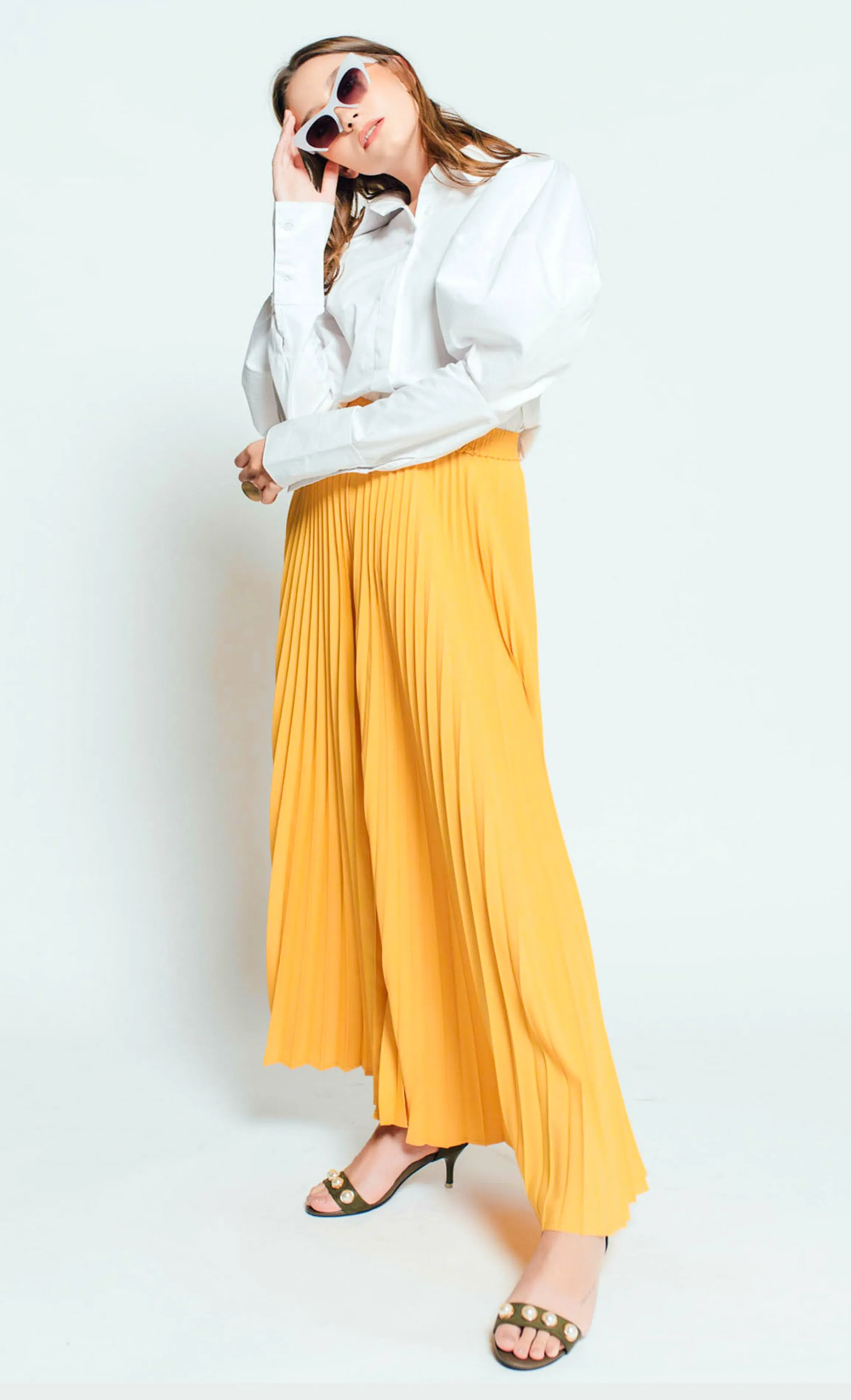 Julia Flared Pleated Palazzo in Mustard