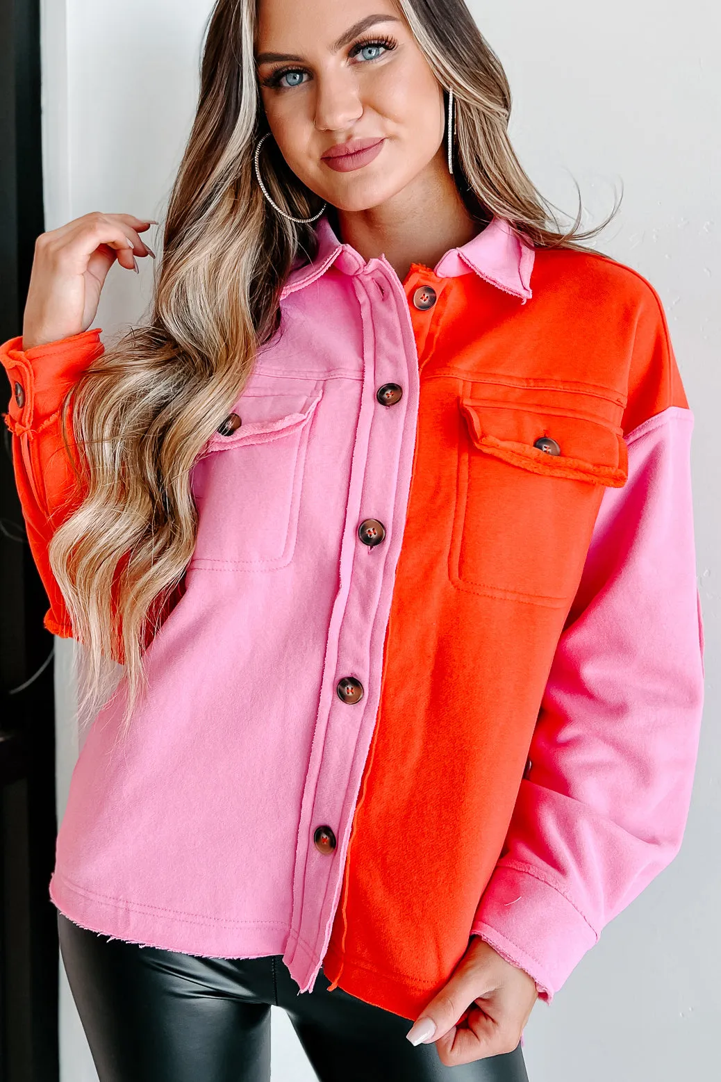 Keep Me Updated ColorBlock Shacket (Pink/Red)