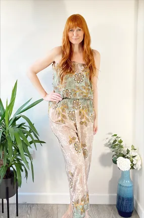 Layla light-brown/pink floral printed silk jumpsuit free-size UK 8-14