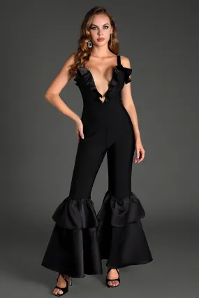 Lazallis Strap V-Neck Ruffle Bandage Jumpsuit