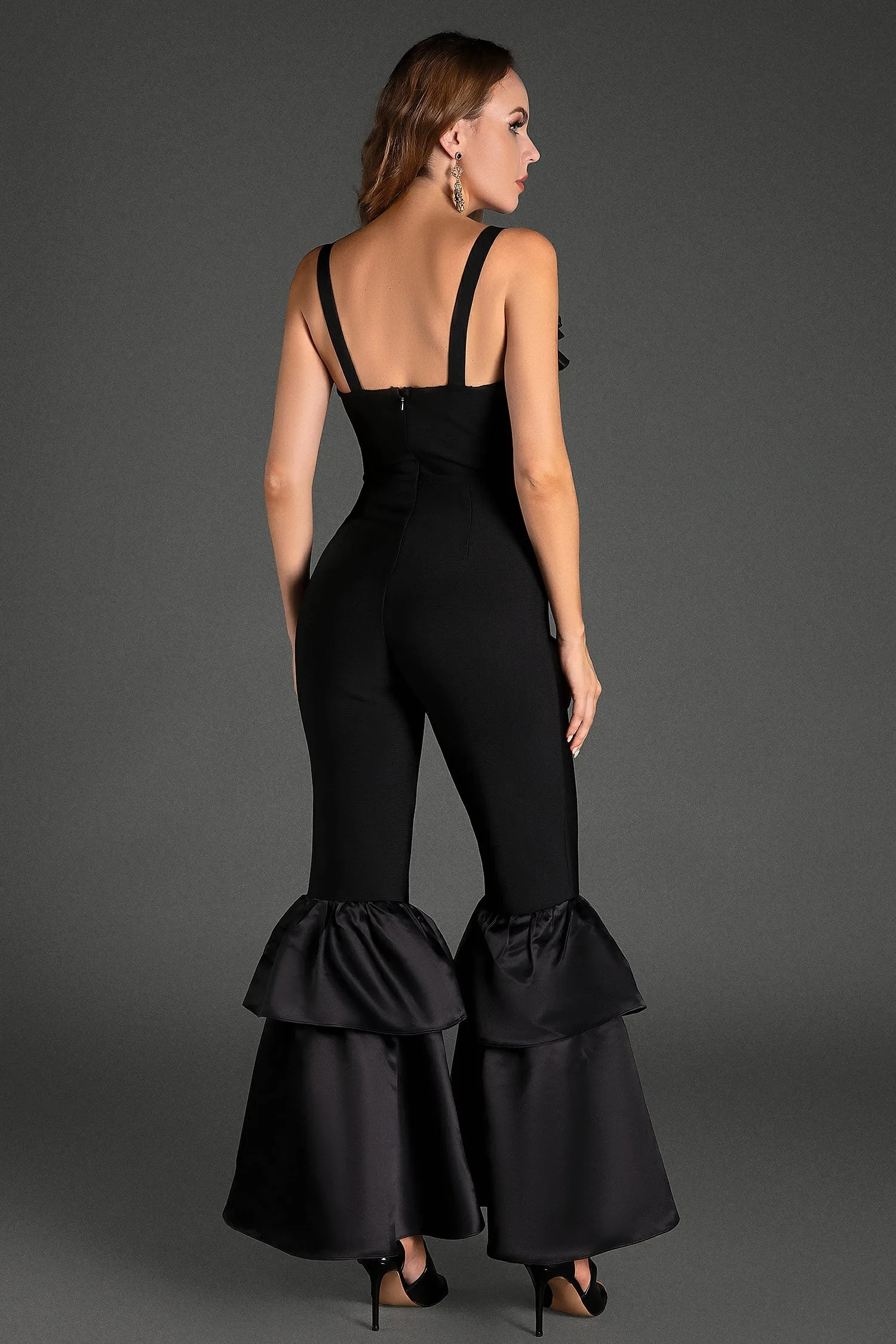 Lazallis Strap V-Neck Ruffle Bandage Jumpsuit