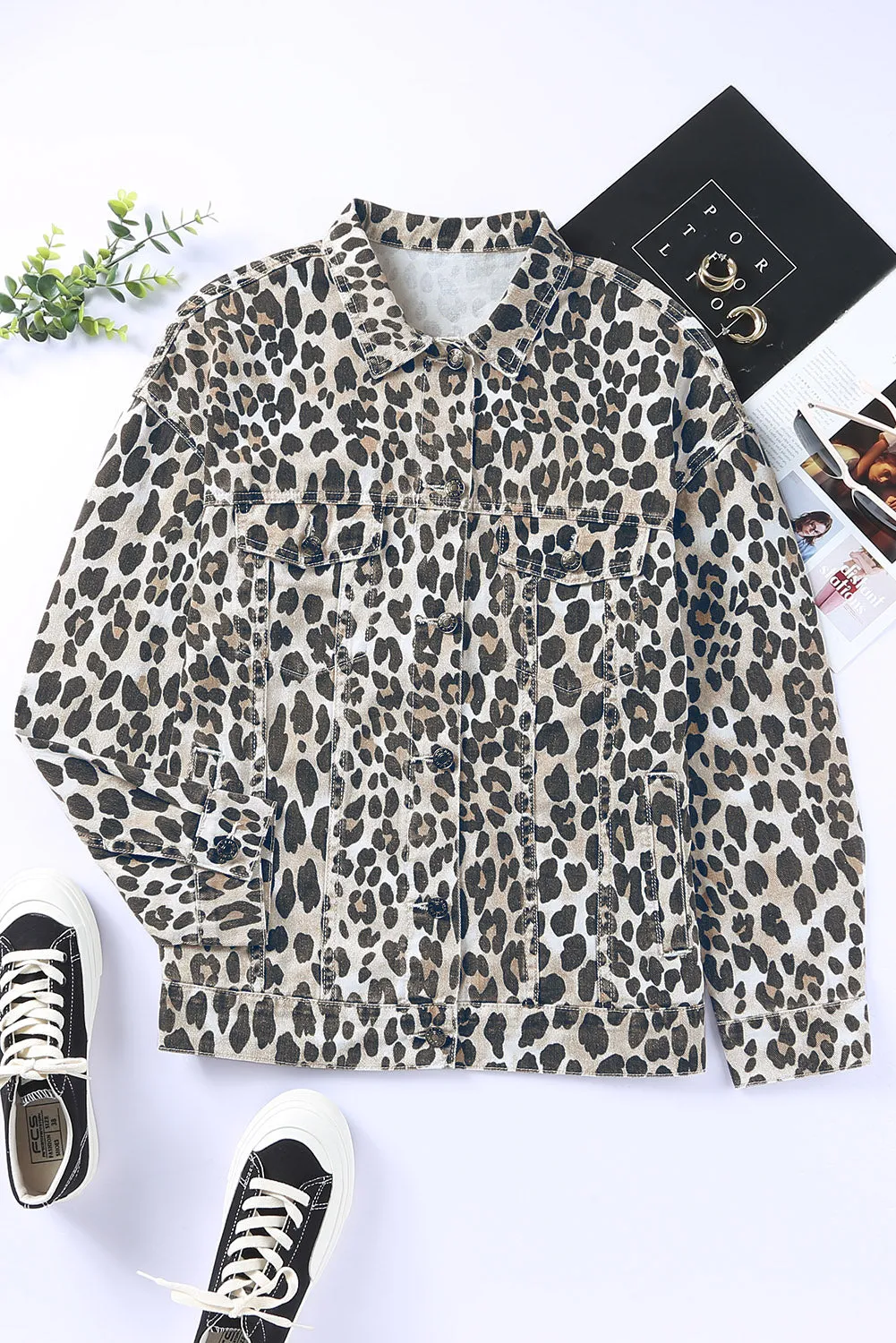 Leopard Print Button up Denim Jacket