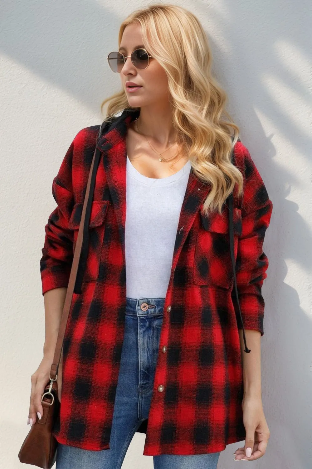 Long Sleeve Hooded Plaid Shacket
