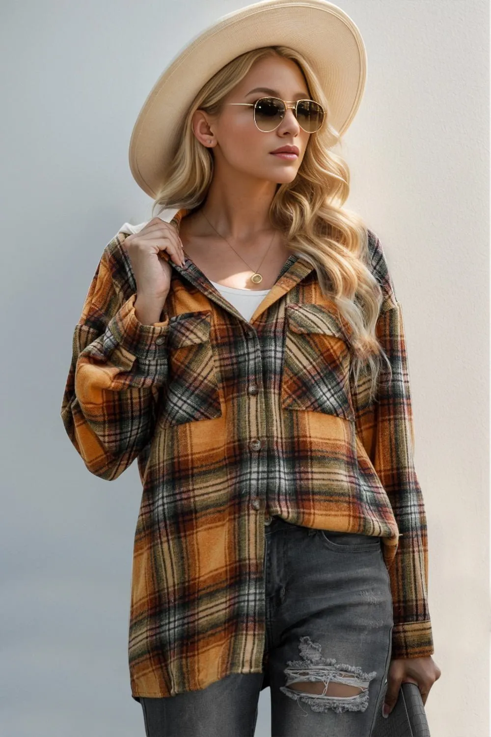 Long Sleeve Hooded Plaid Shacket