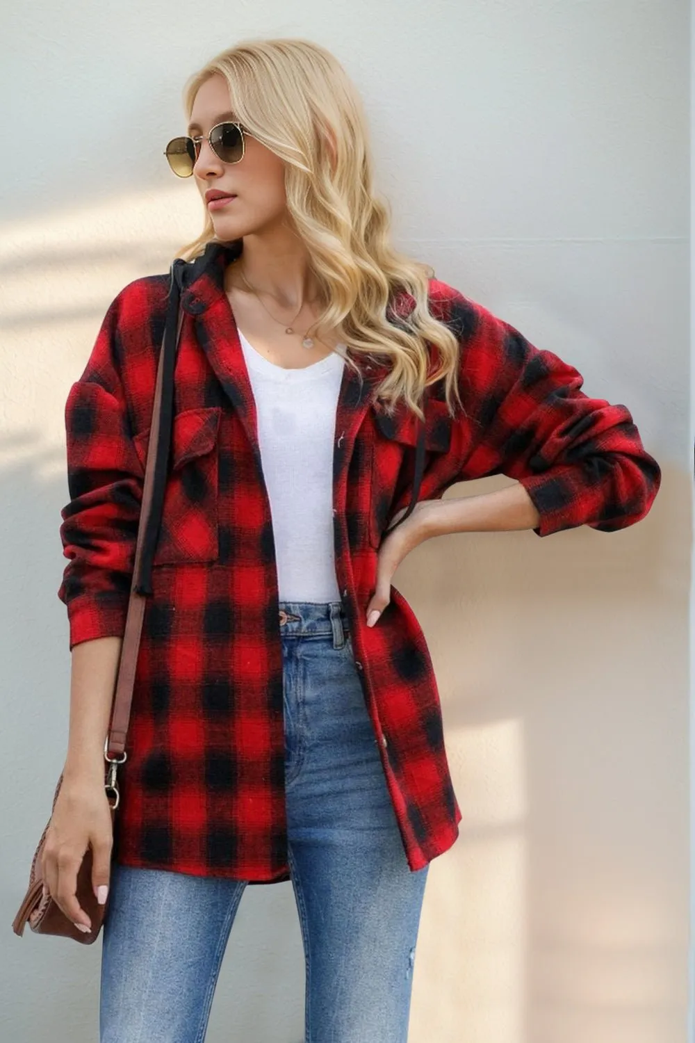 Long Sleeve Hooded Plaid Shacket