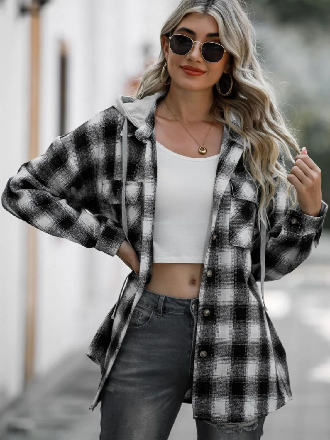 Long Sleeve Hooded Plaid Shacket
