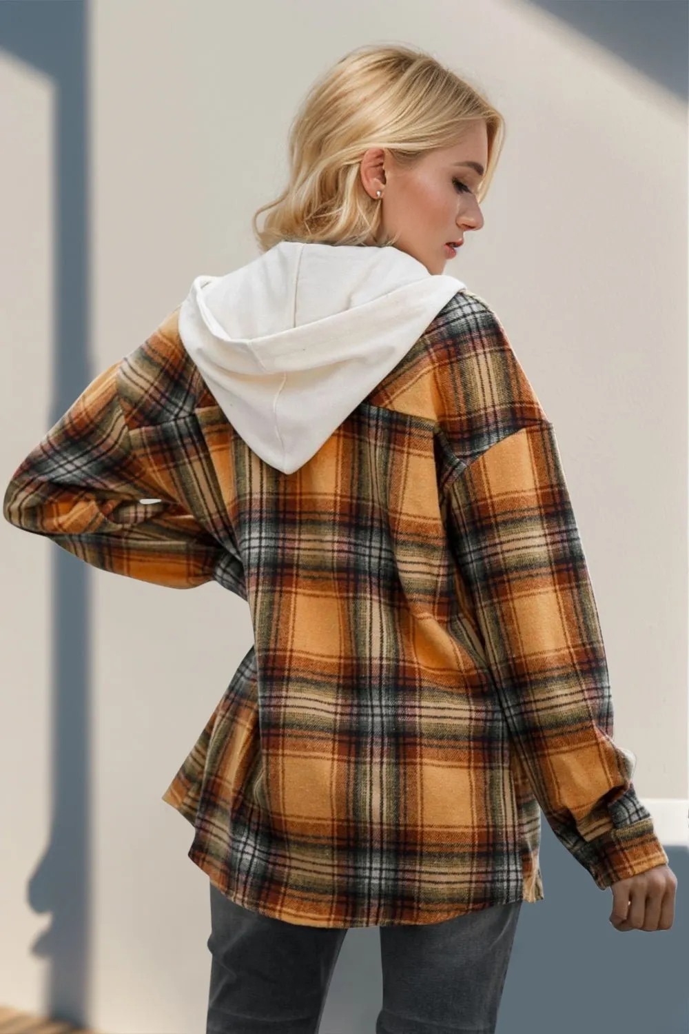 Long Sleeve Hooded Plaid Shacket