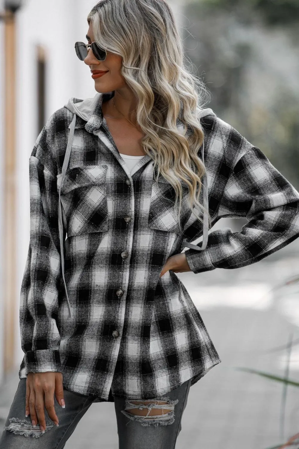 Long Sleeve Hooded Plaid Shacket