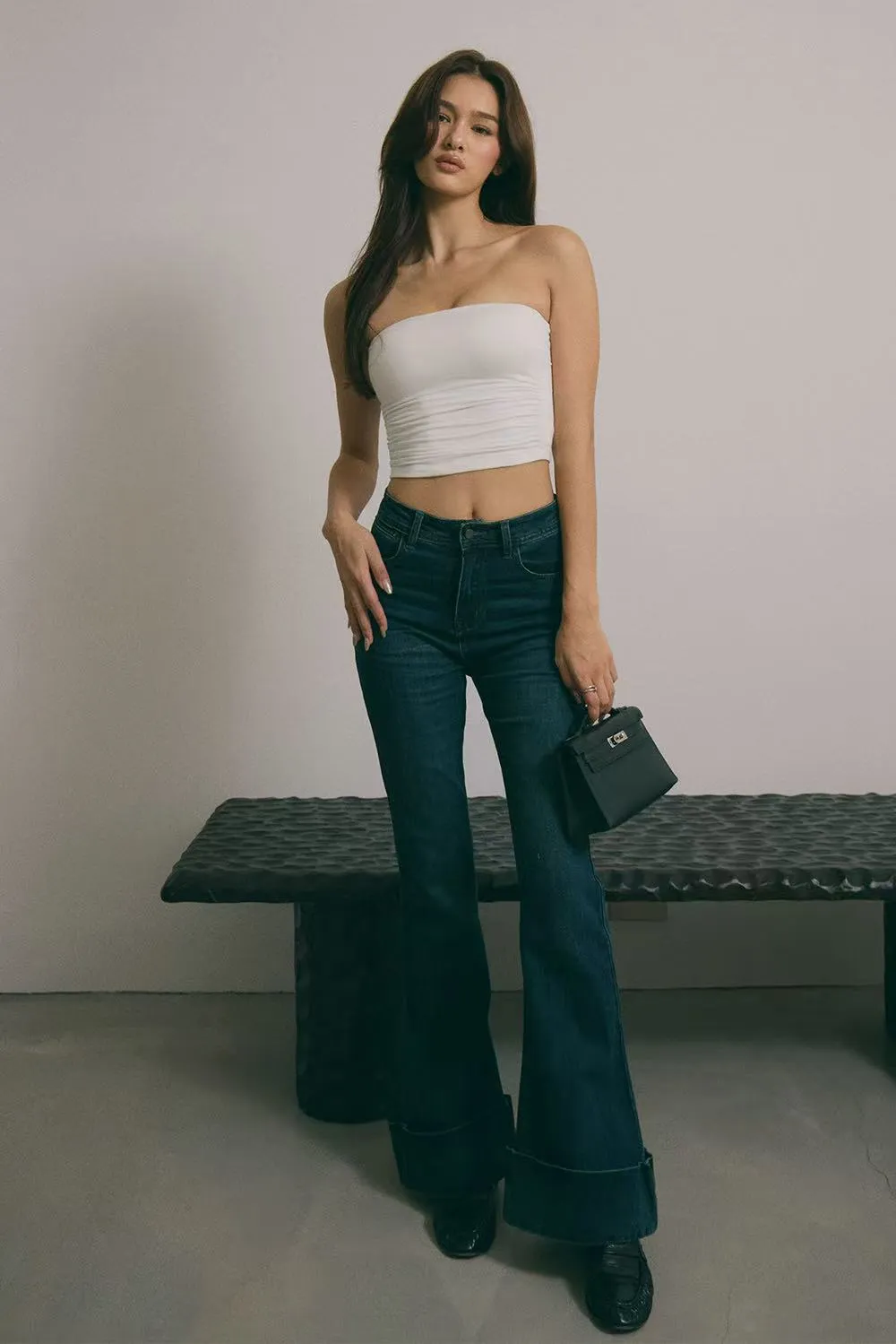 反褶喇叭牛仔長腿褲<br>Cuffed Flared Denim Pants