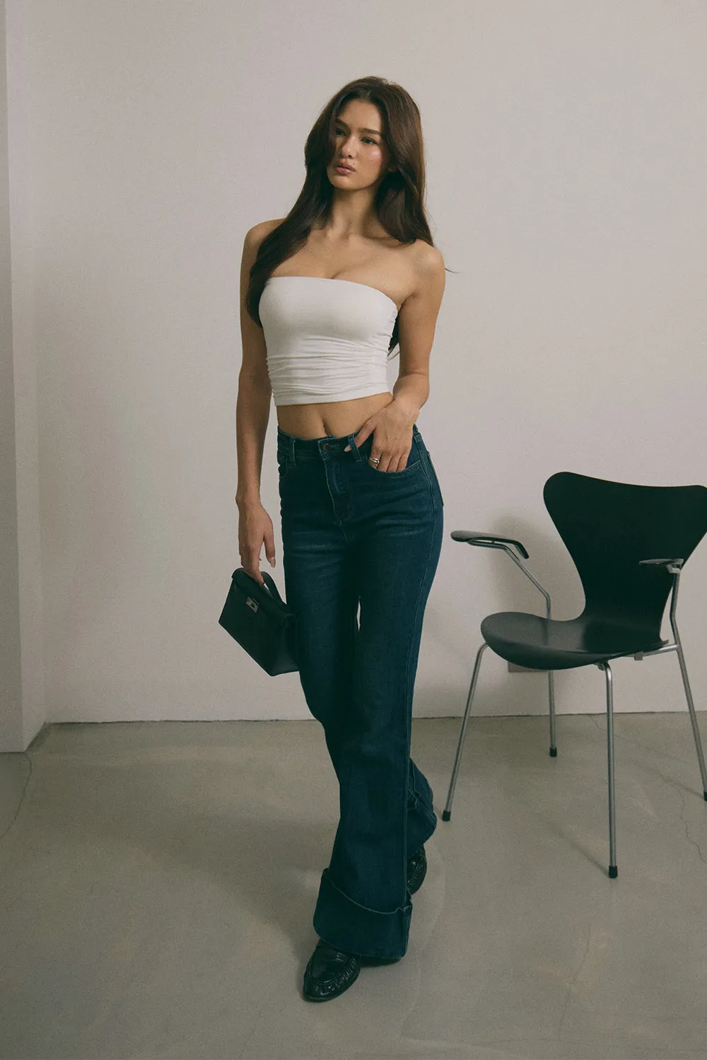 反褶喇叭牛仔長腿褲<br>Cuffed Flared Denim Pants