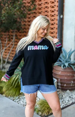 Mama Embroidery V Neck Corded Sweatshirt