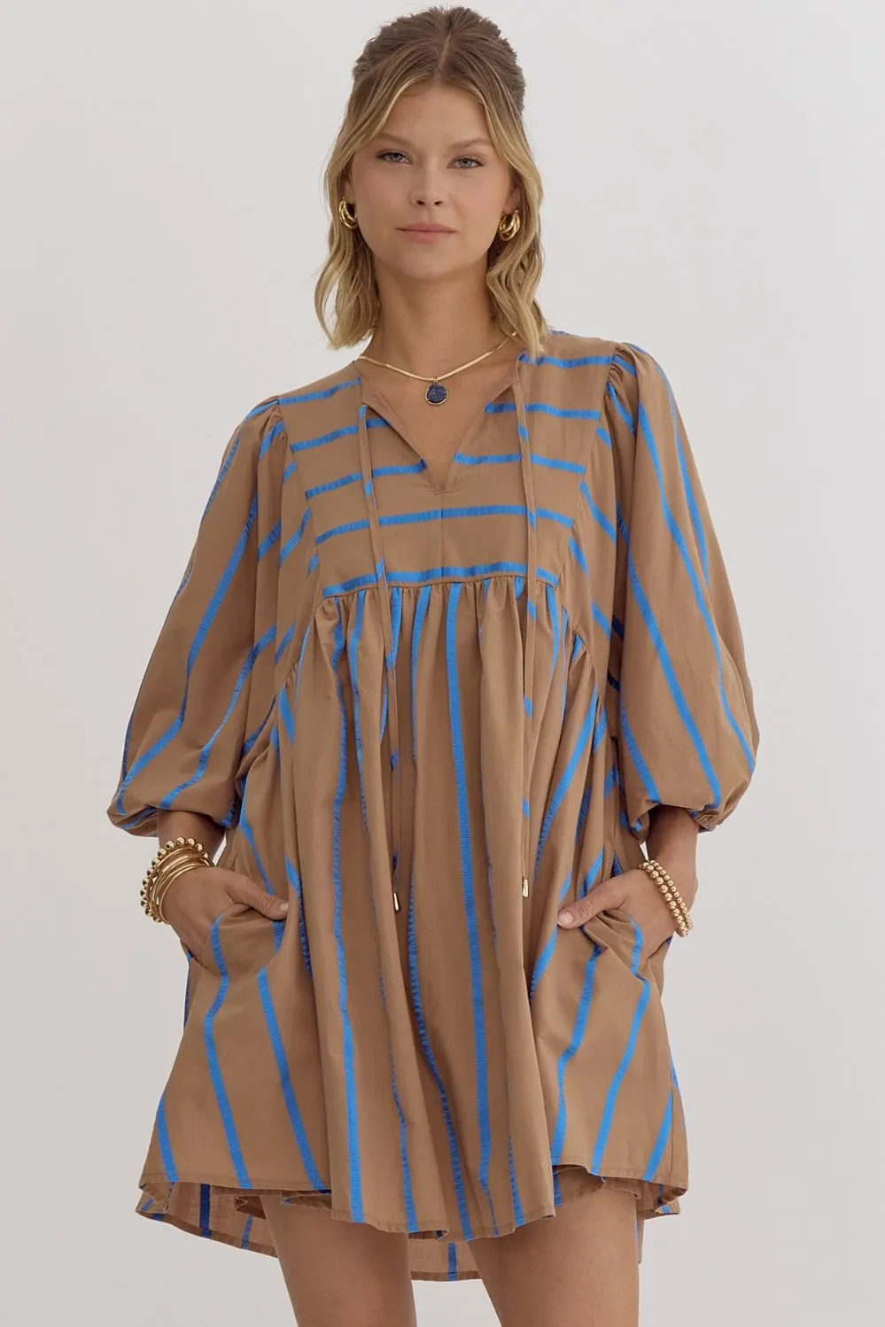 Mocha/Blue Stripe Babydoll Dress