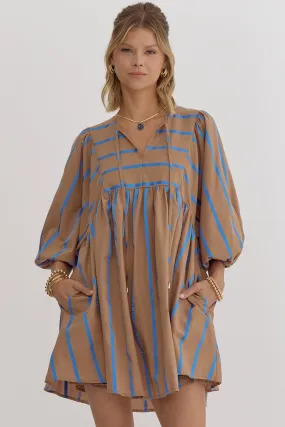 Mocha/Blue Stripe Babydoll Dress