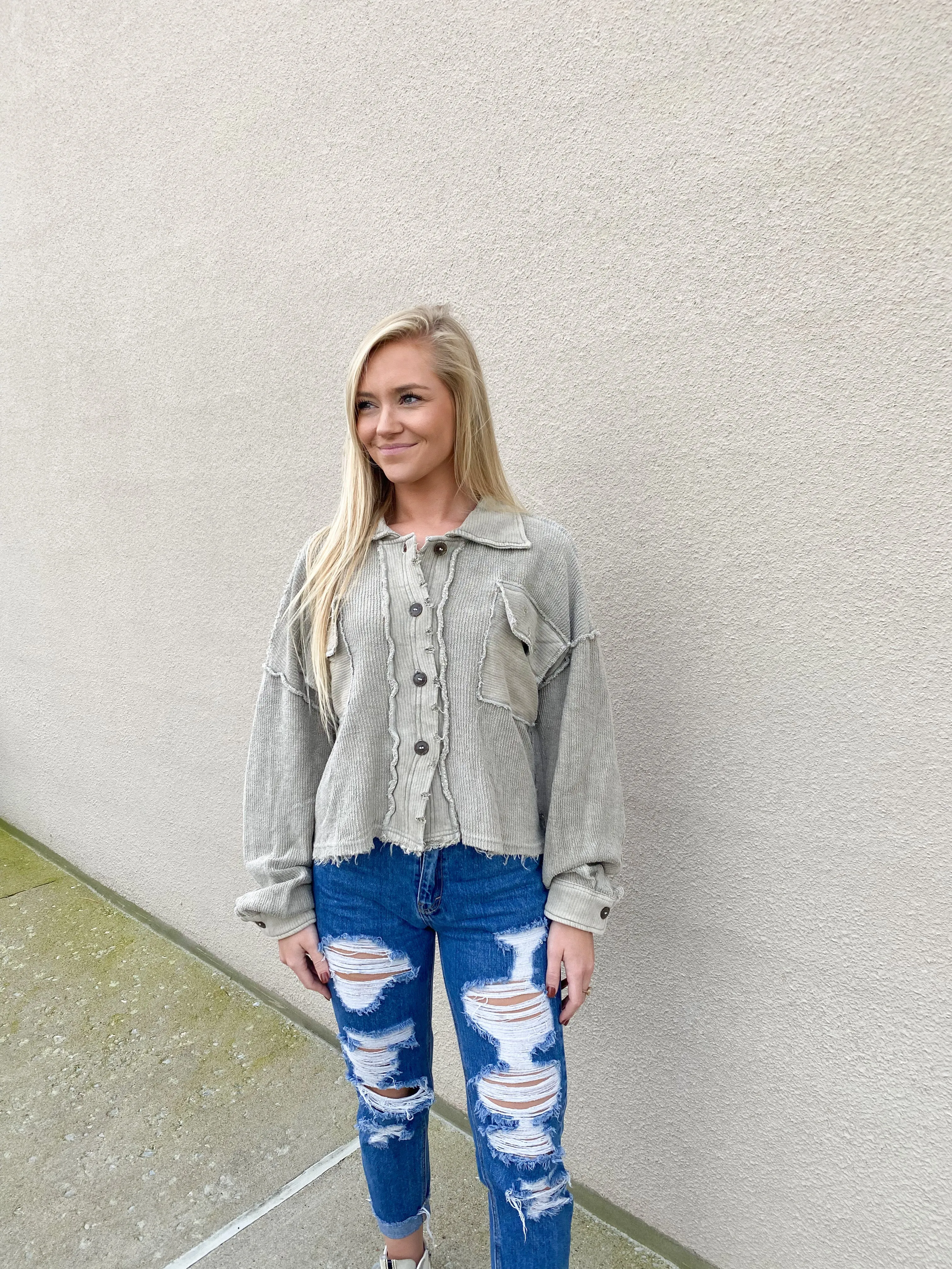 Moss Distressed Terry Button Up Shacket