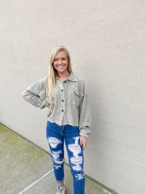 Moss Distressed Terry Button Up Shacket