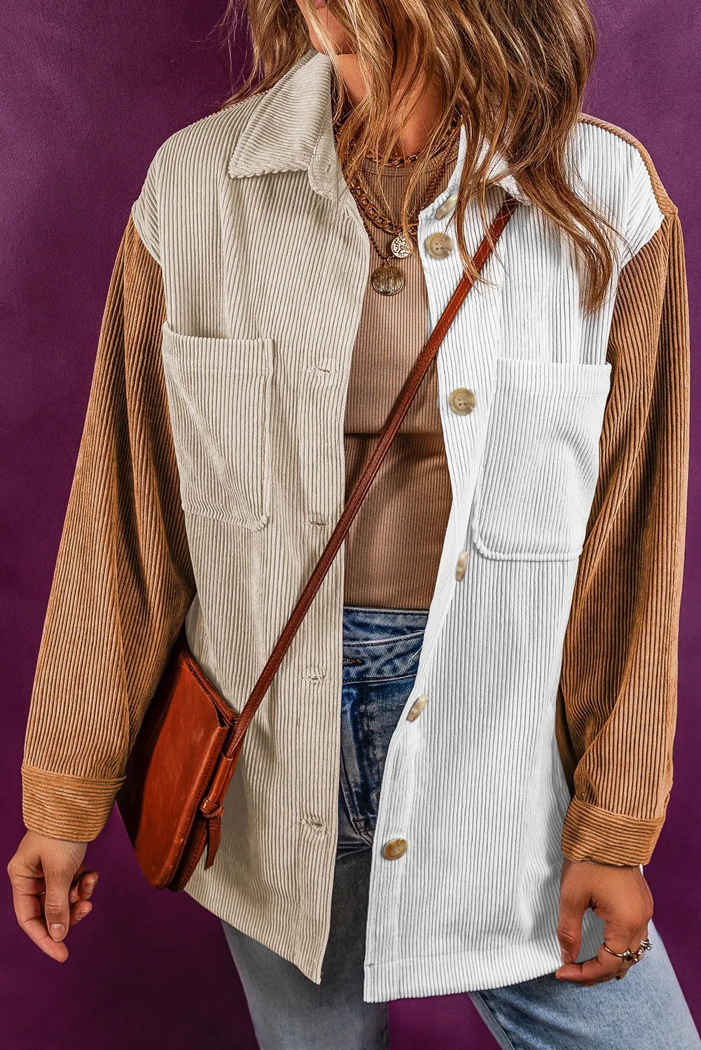 Multicolour Corduroy Colourblock Loose Shacket