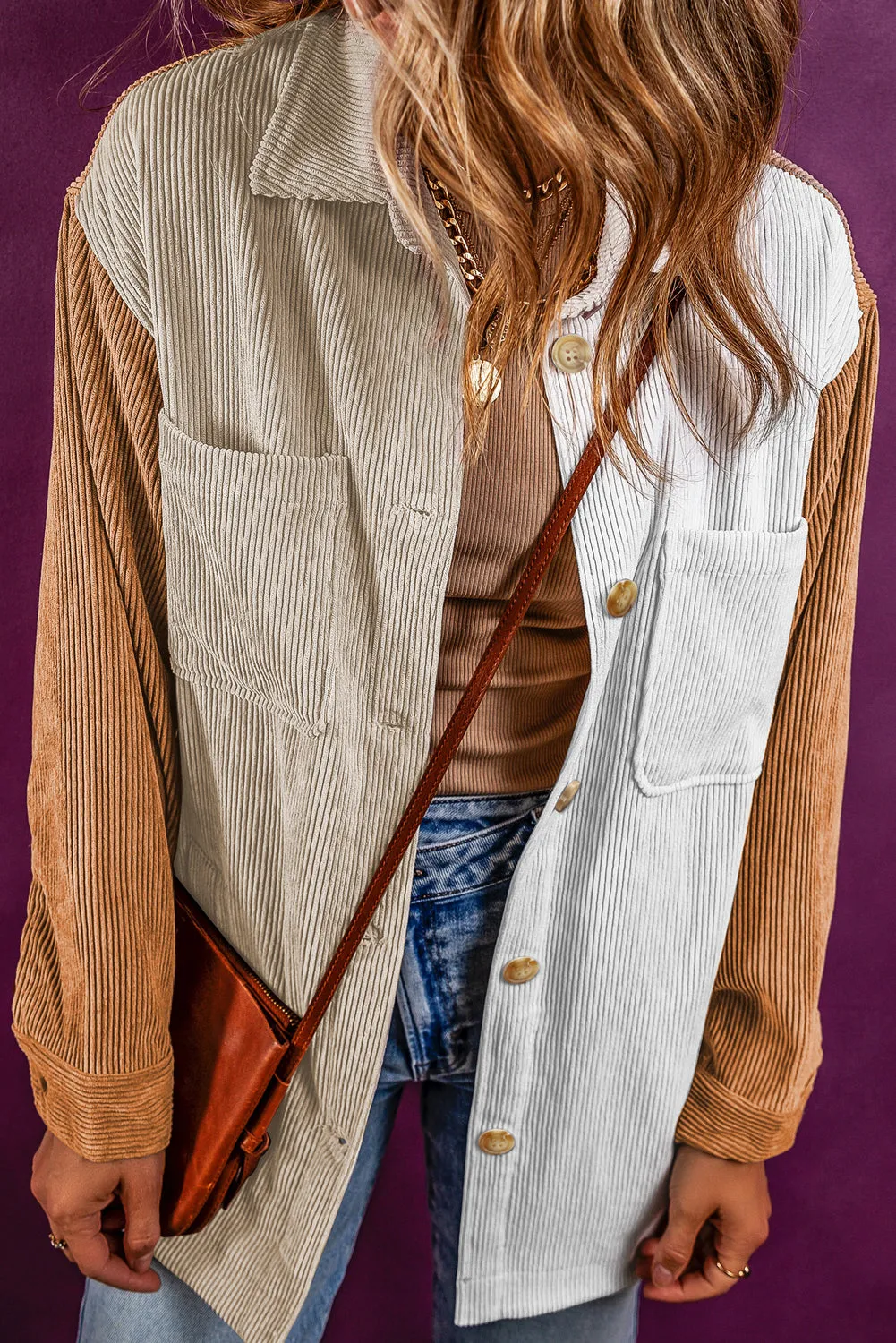 Multicolour Corduroy Colourblock Loose Shacket