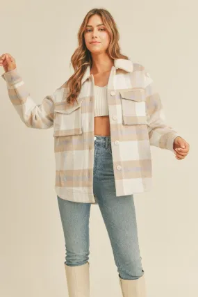 Neutral Plaid Shacket with Sherpa Collar