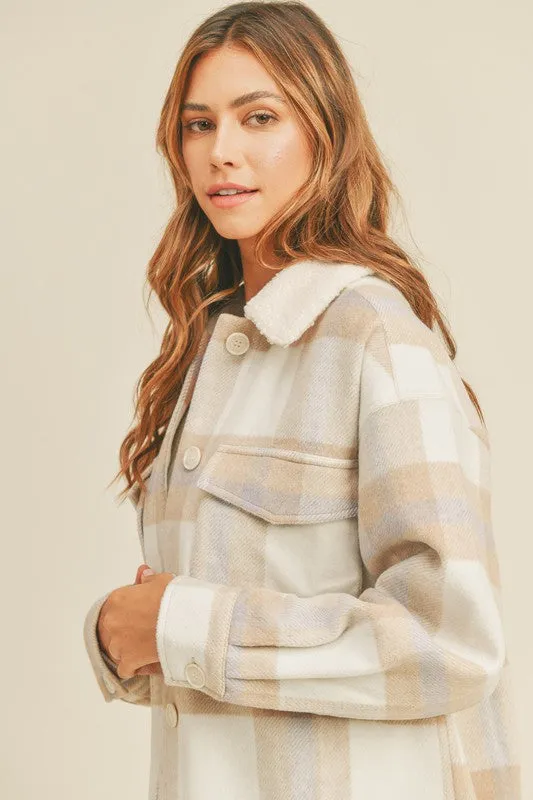 Neutral Plaid Shacket with Sherpa Collar