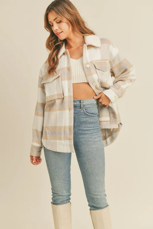 Neutral Plaid Shacket with Sherpa Collar