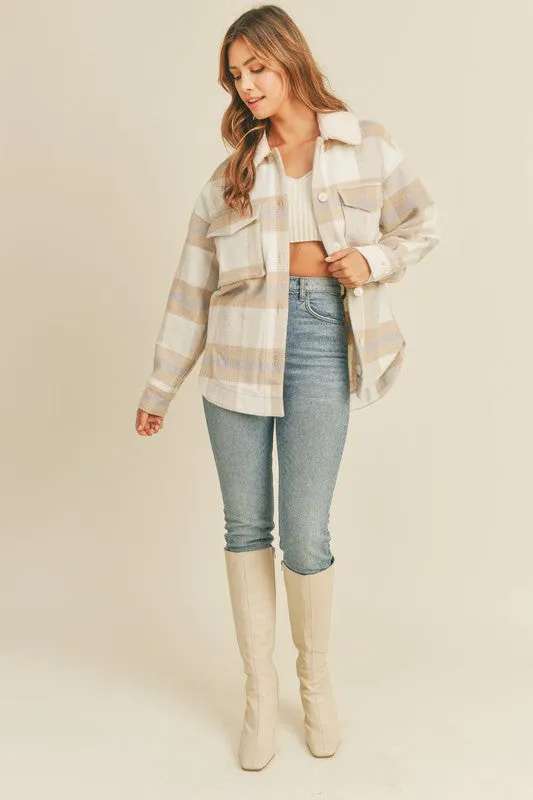 Neutral Plaid Shacket with Sherpa Collar